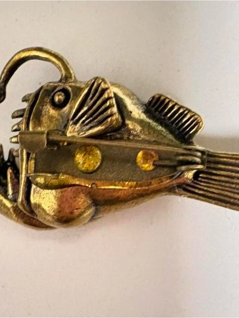 Whimsical heavy, small Brass Anglerfish pin brooch